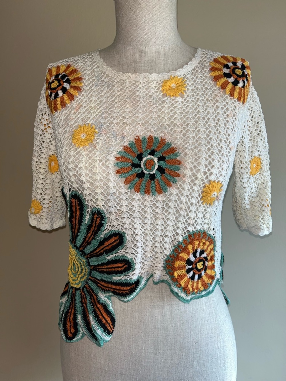 White Crochet Floral Short-Sleeve Top with Yellow & Teal Accents